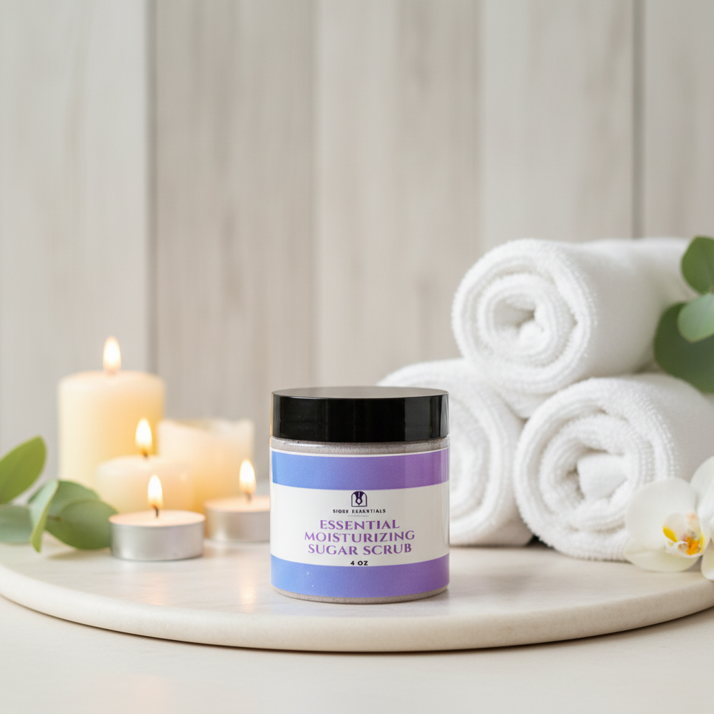 Essential Moisturizing Sugar Scrub - Front Spa Background
