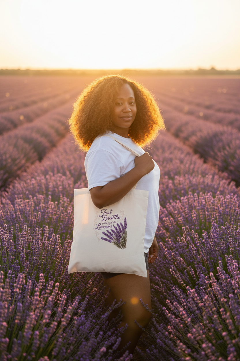 Model in Lavender Field with Tote Bag