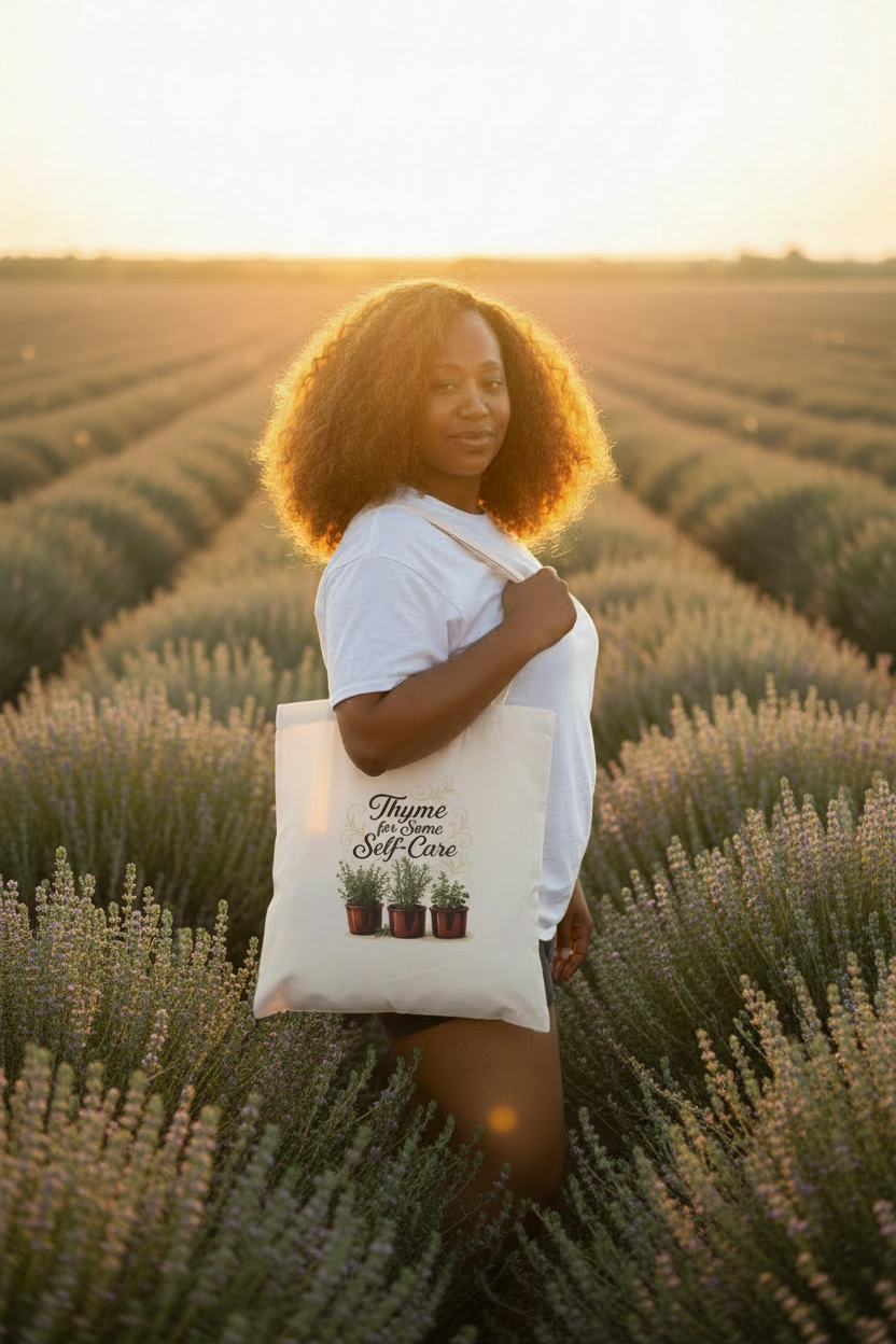 Model in Thyme Field with Self-Care Tote