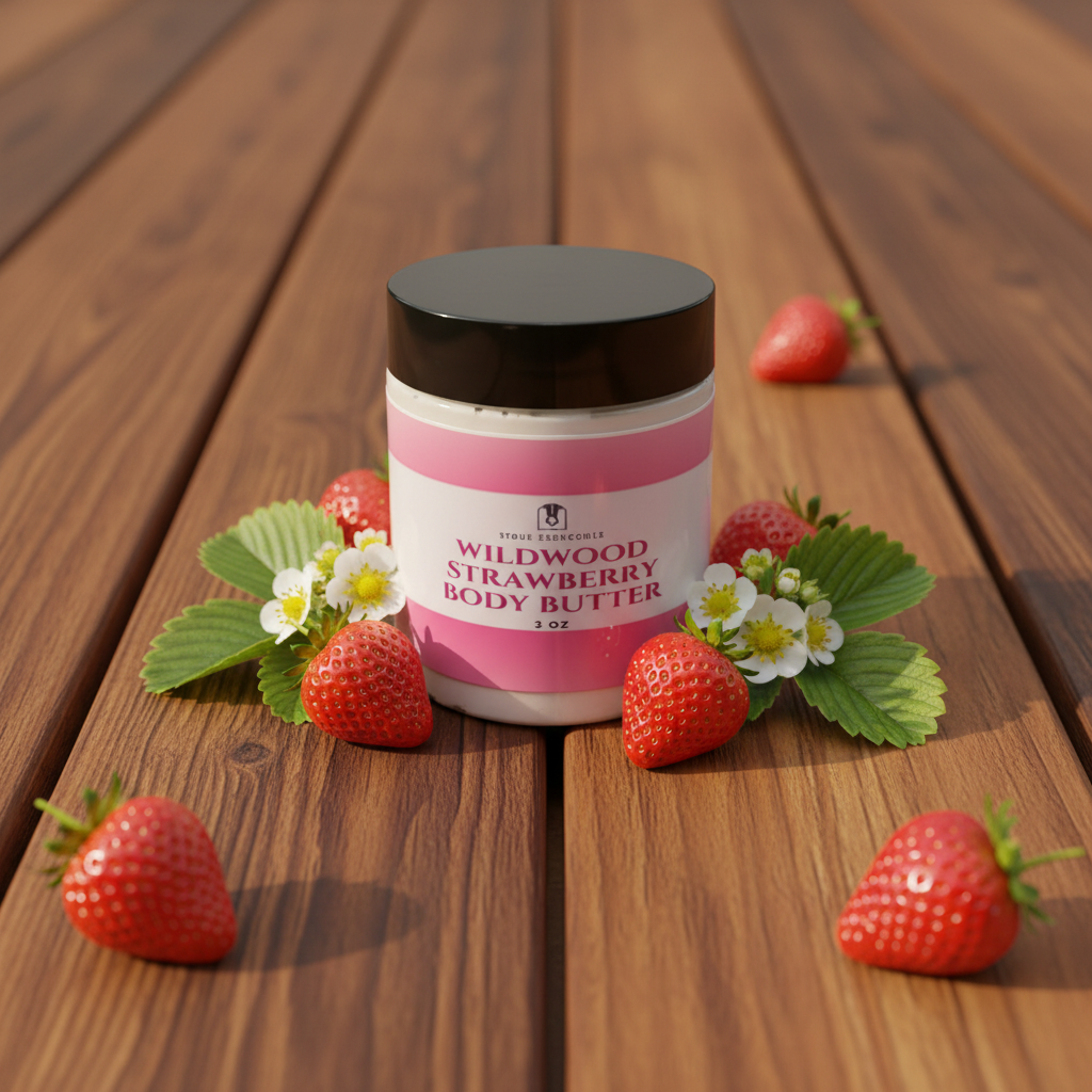 Wildwood Strawberry Body Butter - Strawberry & Teakwood Background