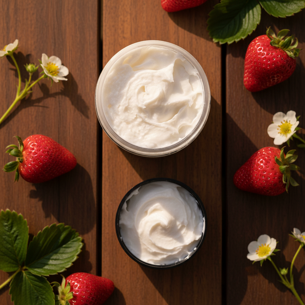Wildwood Strawberry - Top Down Strawberry & Teakwood Background